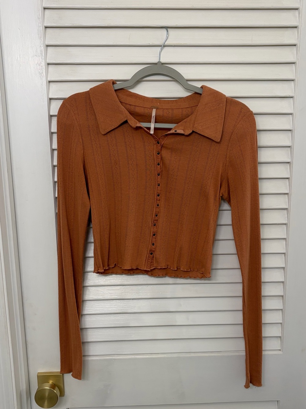 Free People Cropped Button-Front Long-Sleeve Polo in Rust